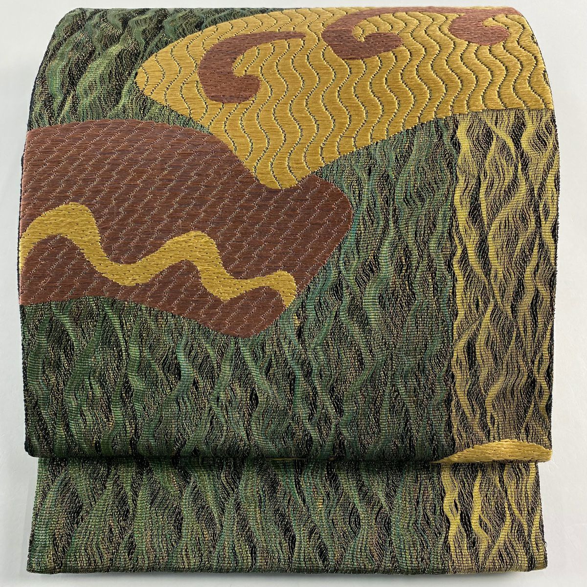 袋帶 優品級 唐草紋 幾何刺繡 金絲 綠 六通 純蠶絲