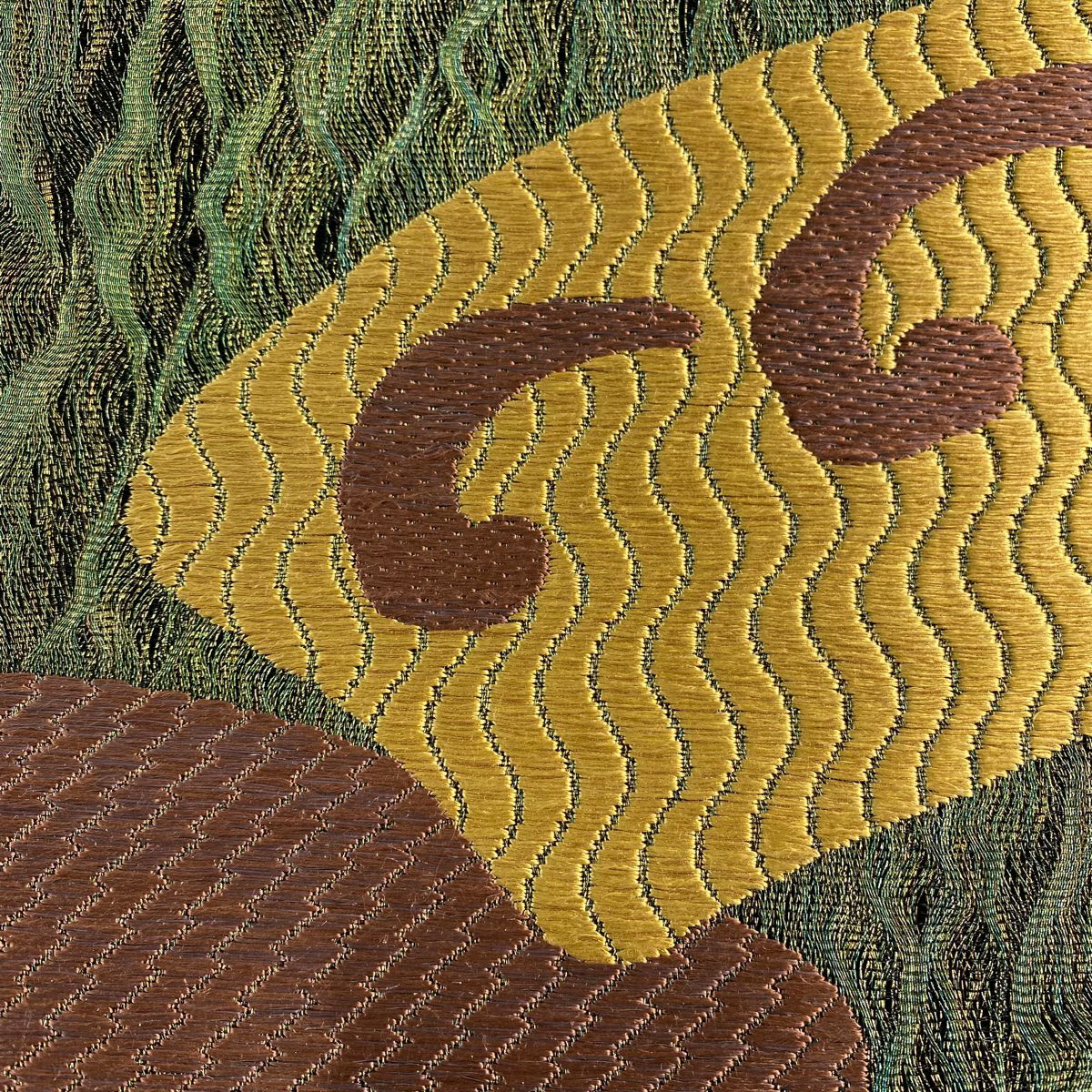 袋帶 優品級 唐草紋 幾何刺繡 金絲 綠 六通 純蠶絲