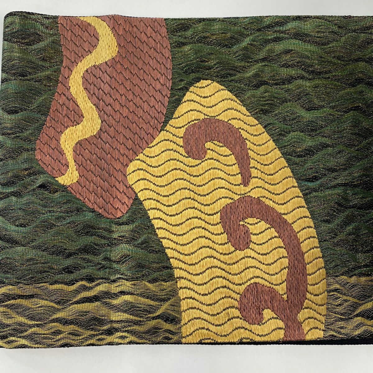 袋帶 優品級 唐草紋 幾何刺繡 金絲 綠 六通 純蠶絲
