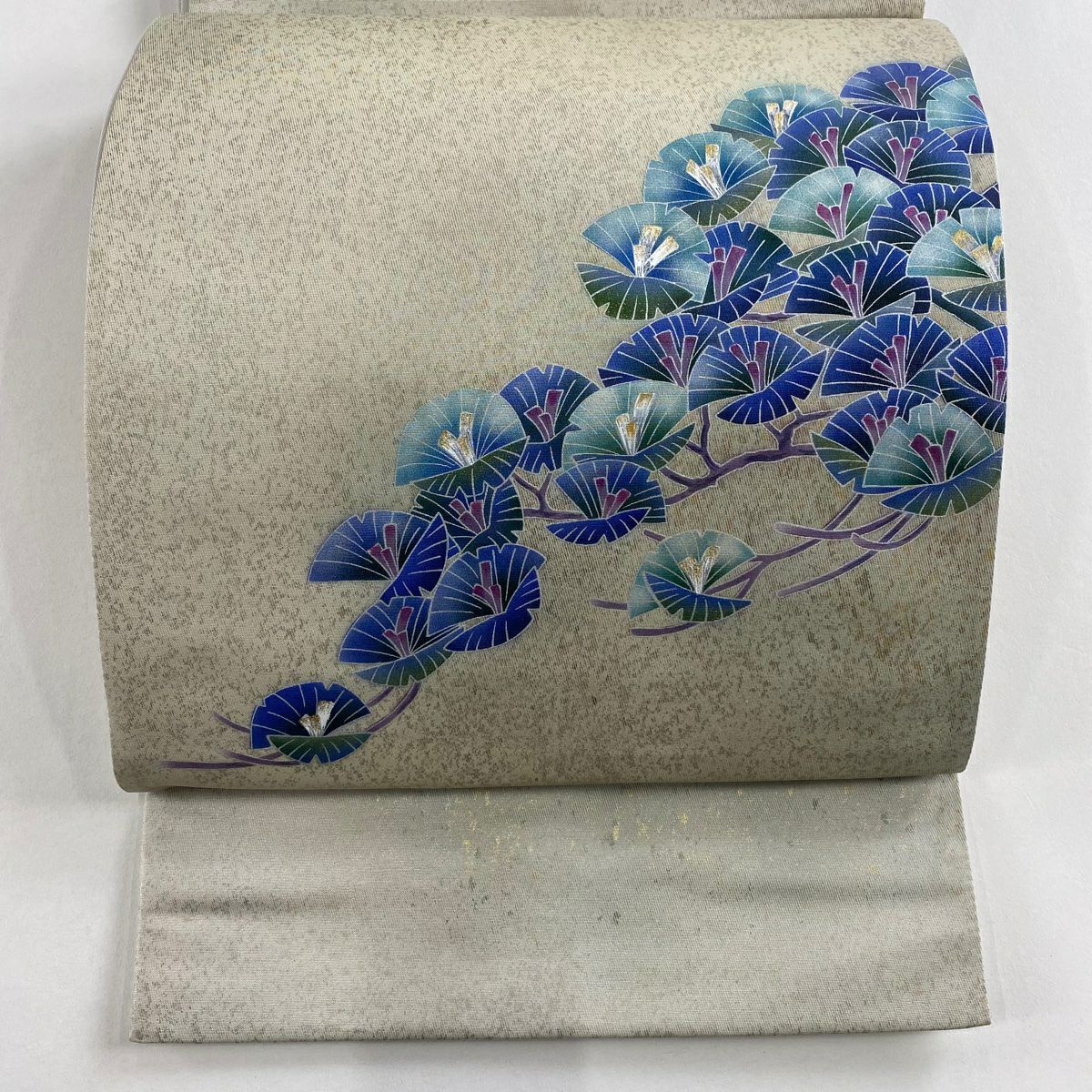 【美品】 袋帶 秀品級 若松樹 金銀彩 金金箔 灰 深藍色 お太鼓柄 純蠶絲