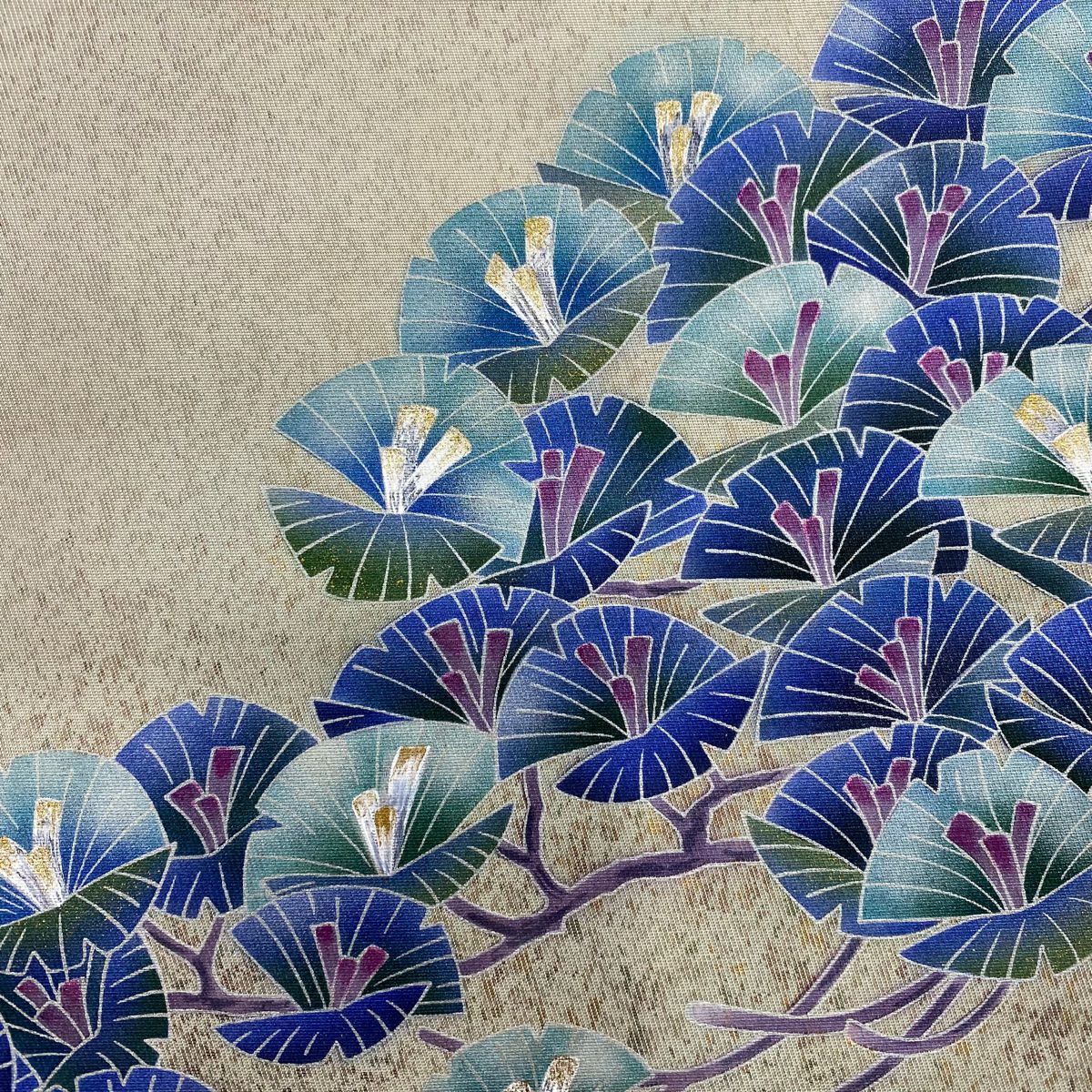 【美品】 袋帶 秀品級 若松樹 金銀彩 金金箔 灰 深藍色 お太鼓柄 純蠶絲