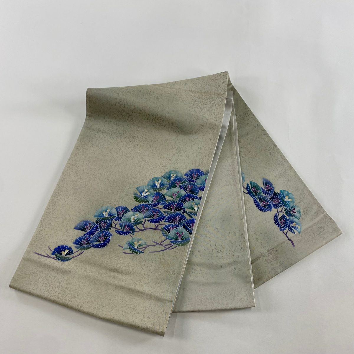 【美品】 袋帶 秀品級 若松樹 金銀彩 金金箔 灰 深藍色 お太鼓柄 純蠶絲