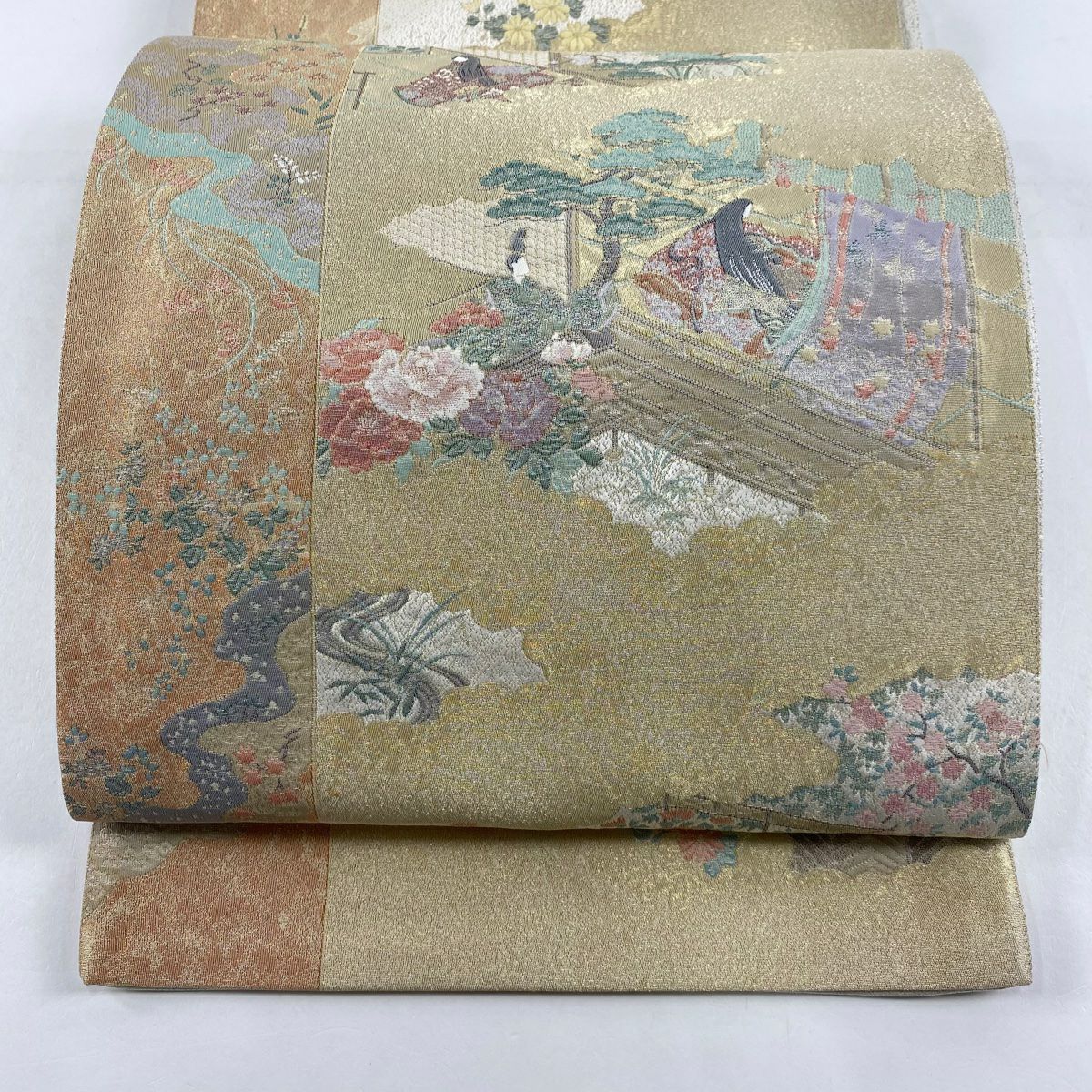 袋帶 優品級 草花紋紋 雲文 金絲 米色 大鼓圖案 純蠶絲