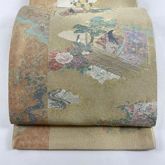 袋帶 優品級 草花紋紋 雲文 金絲 米色 大鼓圖案 純蠶絲