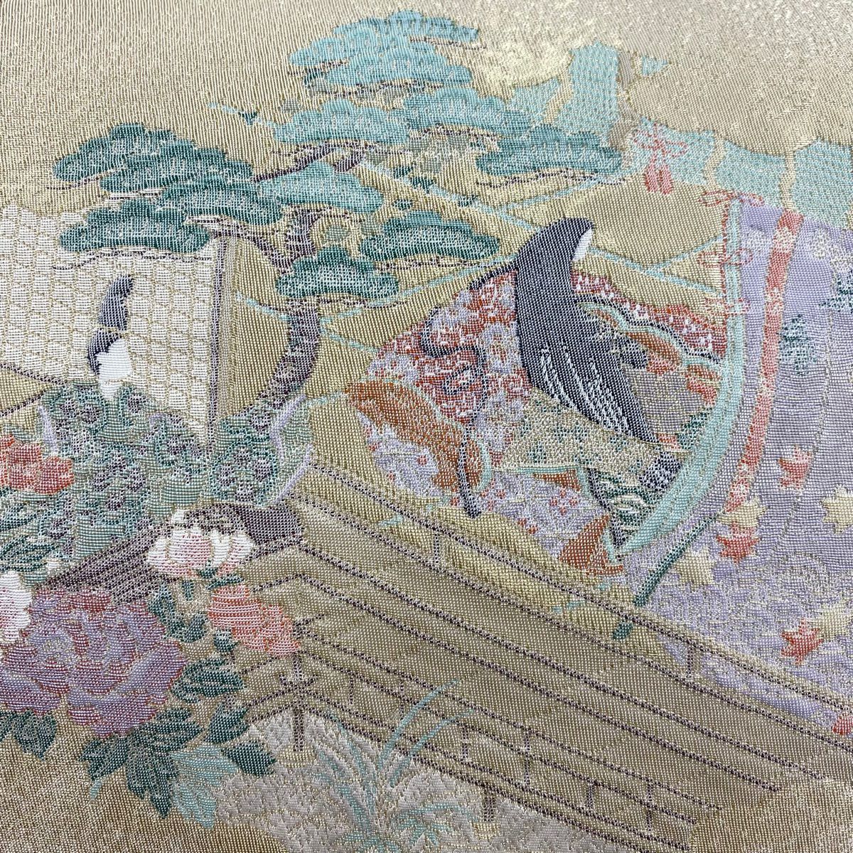 袋帶 優品級 草花紋紋 雲文 金絲 米色 大鼓圖案 純蠶絲