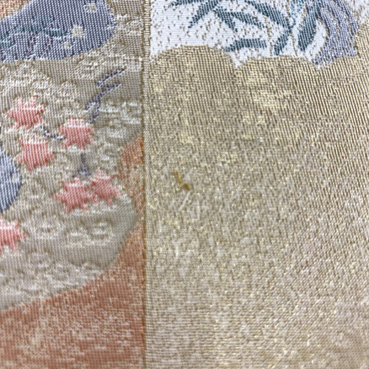 袋帶 優品級 草花紋紋 雲文 金絲 米色 大鼓圖案 純蠶絲