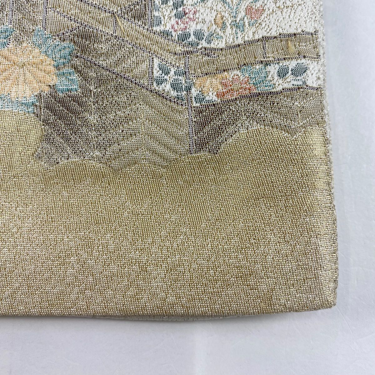 袋帶 優品級 草花紋紋 雲文 金絲 米色 大鼓圖案 純蠶絲