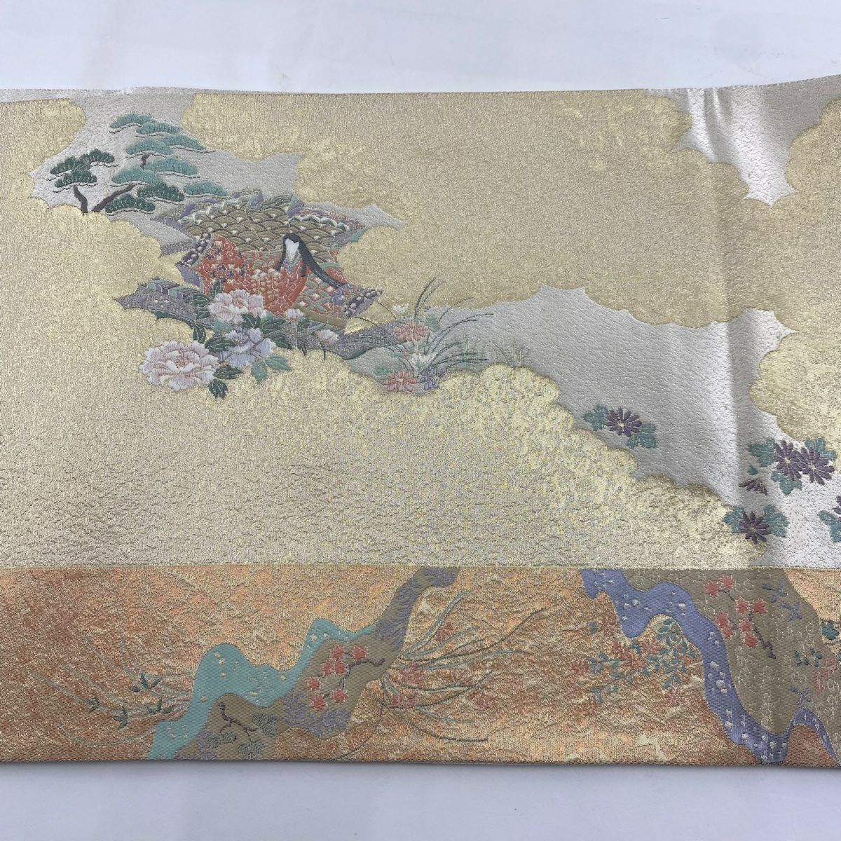 袋帶 優品級 草花紋紋 雲文 金絲 米色 大鼓圖案 純蠶絲