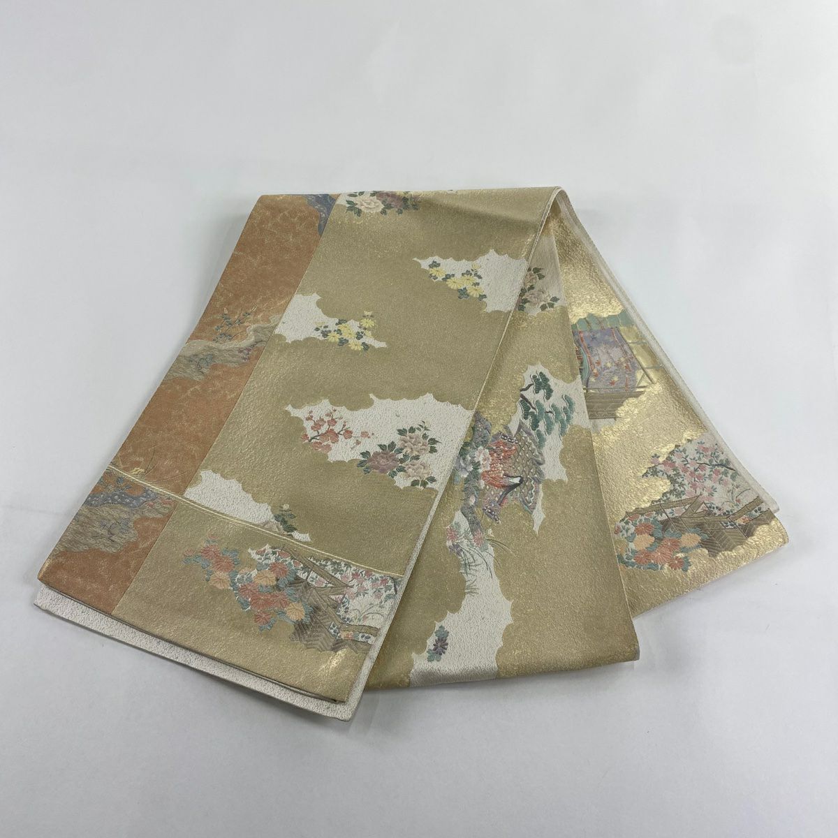 袋帶 優品級 草花紋紋 雲文 金絲 米色 大鼓圖案 純蠶絲