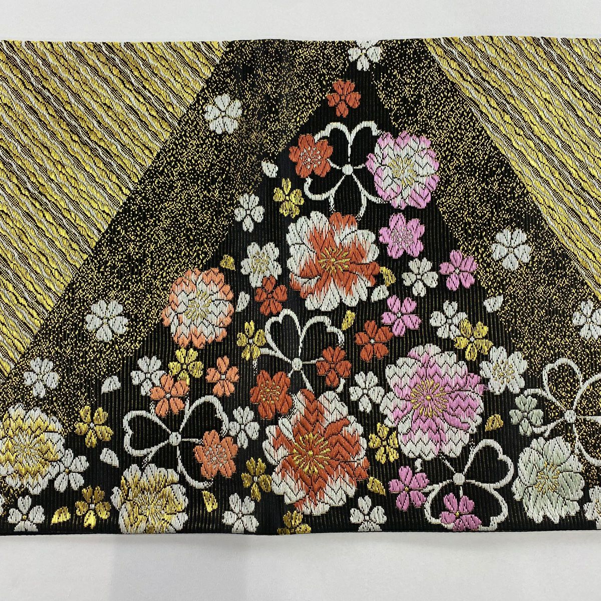 【美品】 袋帶 秀品級 花 斜紋 金絲 唐織 黑 六通 純蠶絲