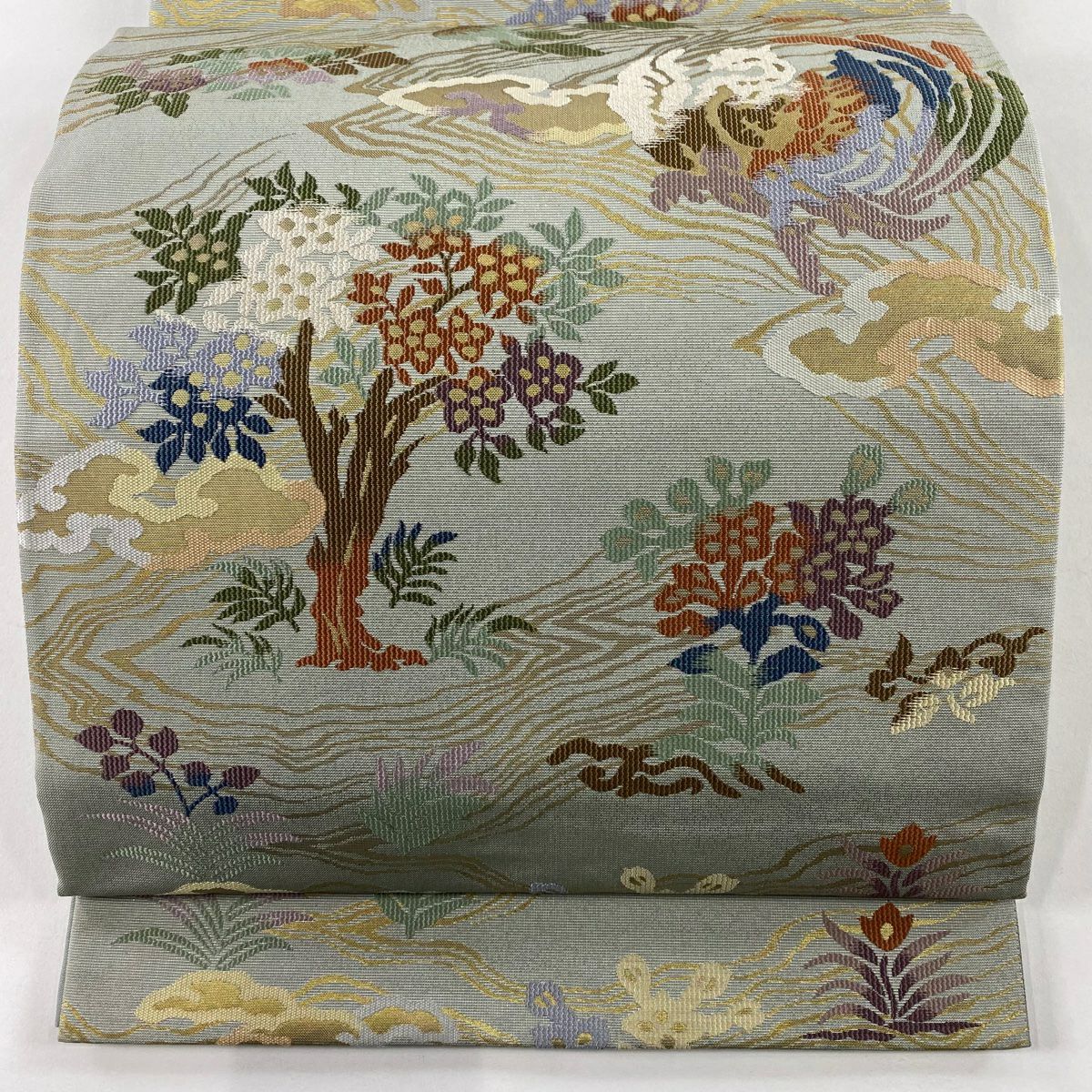 【美品】 袋帶 秀品級 鳳凰 樹木 金金箔 灰綠 六通 純蠶絲