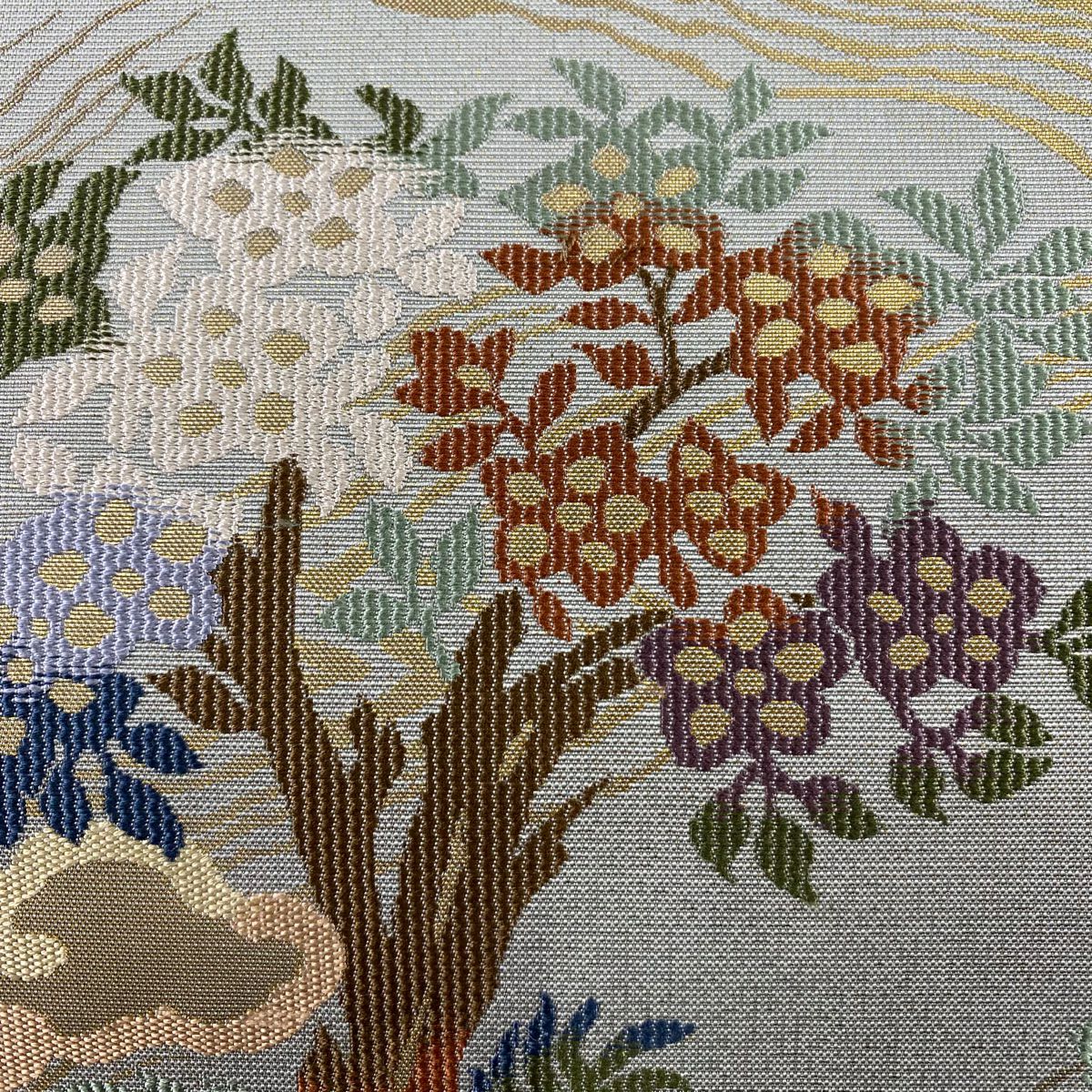 【美品】 袋帶 秀品級 鳳凰 樹木 金金箔 灰綠 六通 純蠶絲