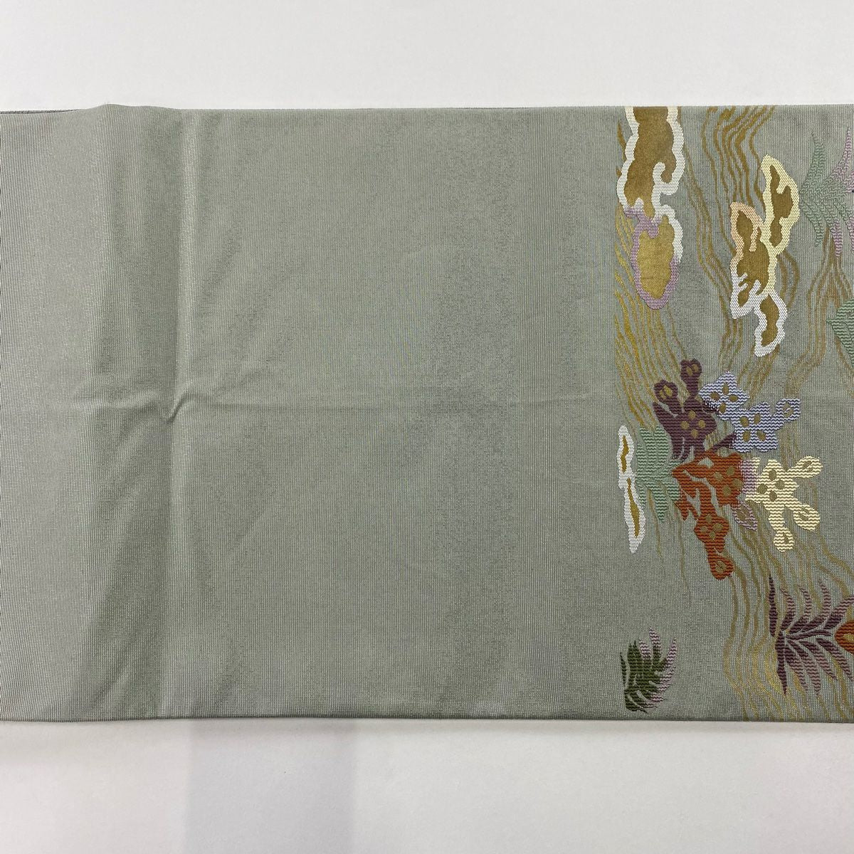 【美品】 袋帶 秀品級 鳳凰 樹木 金金箔 灰綠 六通 純蠶絲