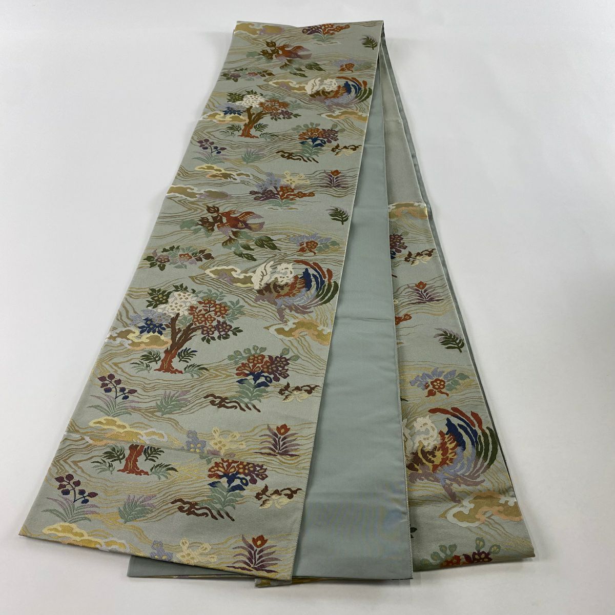 【美品】 袋帶 秀品級 鳳凰 樹木 金金箔 灰綠 六通 純蠶絲