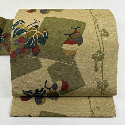 【美品】 名古屋帶 秀品級 生物 色紙 縮緬 米色 純蠶絲