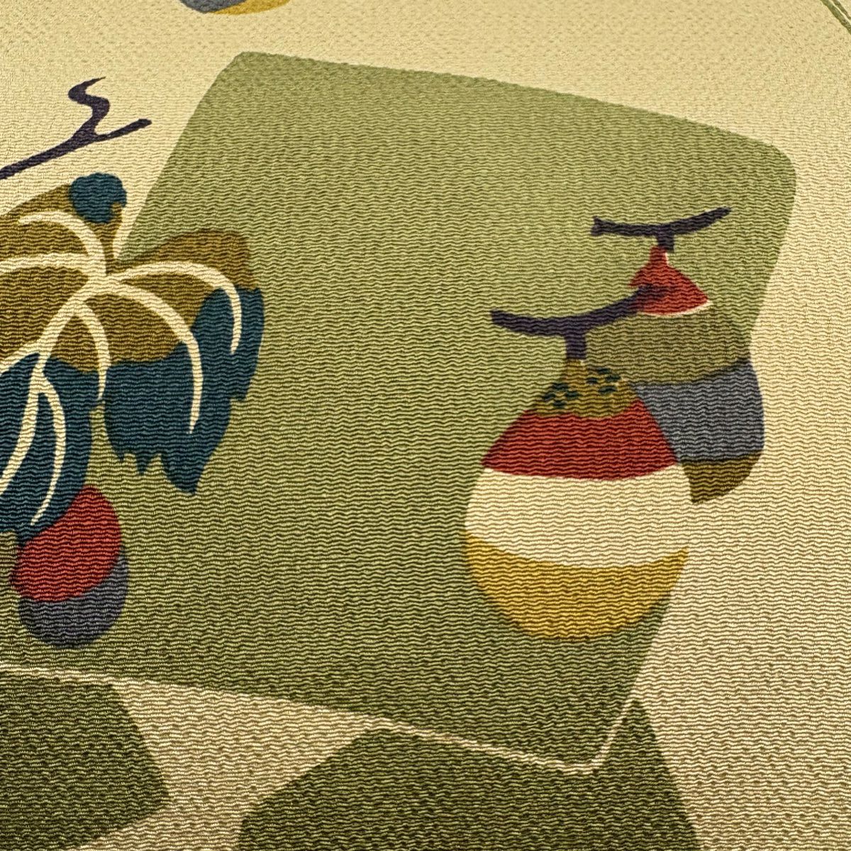 【美品】 名古屋帶 秀品級 生物 色紙 縮緬 米色 純蠶絲