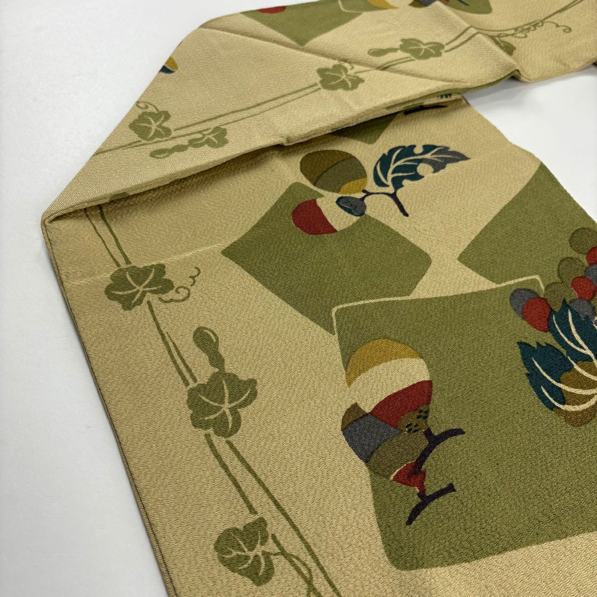 【美品】 名古屋帶 秀品級 生物 色紙 縮緬 米色 純蠶絲