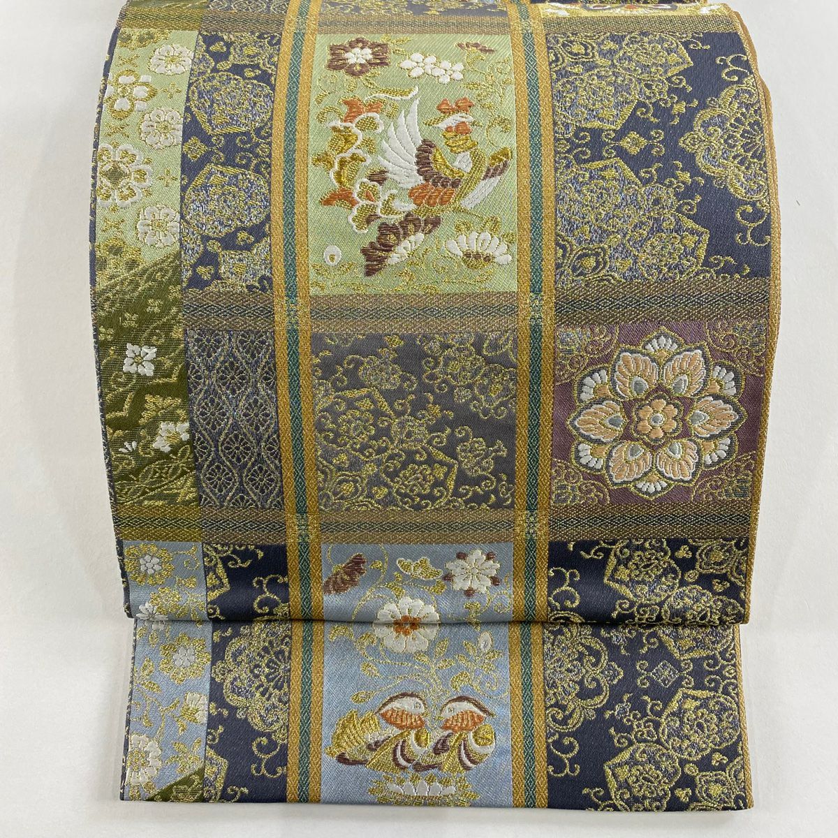 【美品】 袋帶 秀品級 花鳥 華紋 唐織 金絲 灰綠 六通 純蠶絲