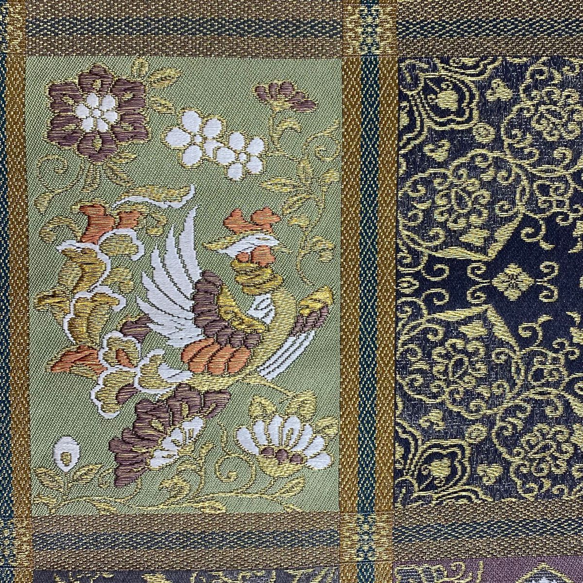 【美品】 袋帶 秀品級 花鳥 華紋 唐織 金絲 灰綠 六通 純蠶絲