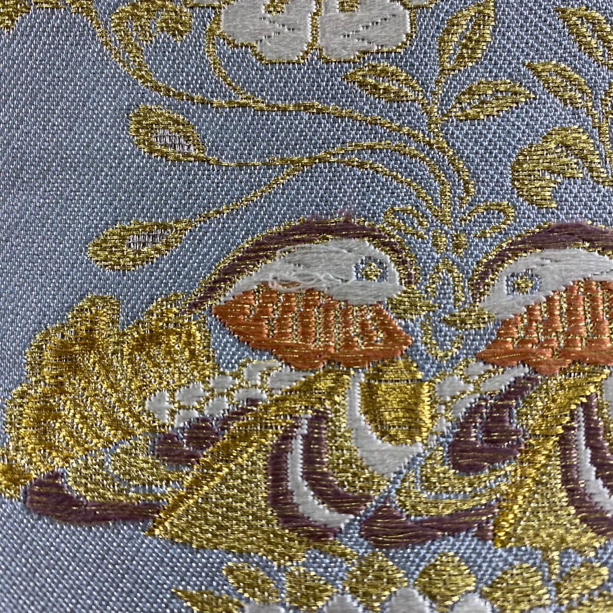 【美品】 袋帶 秀品級 花鳥 華紋 唐織 金絲 灰綠 六通 純蠶絲