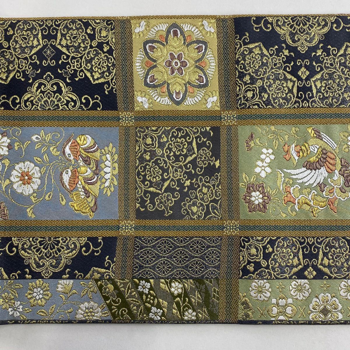 【美品】 袋帶 秀品級 花鳥 華紋 唐織 金絲 灰綠 六通 純蠶絲