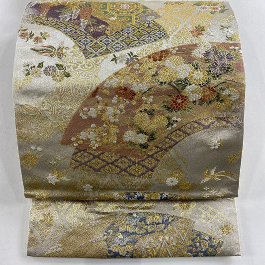 袋帶 秀品級 扇子面 菊花花 金金箔 金絲 金色 六通 純蠶絲