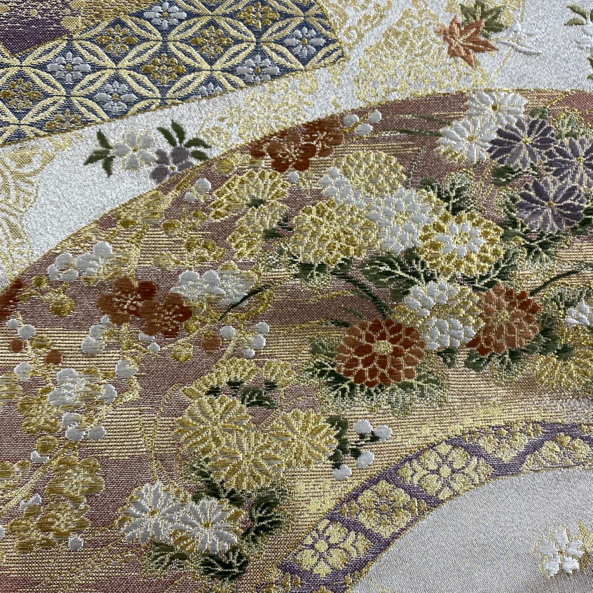 袋帶 秀品級 扇子面 菊花花 金金箔 金絲 金色 六通 純蠶絲