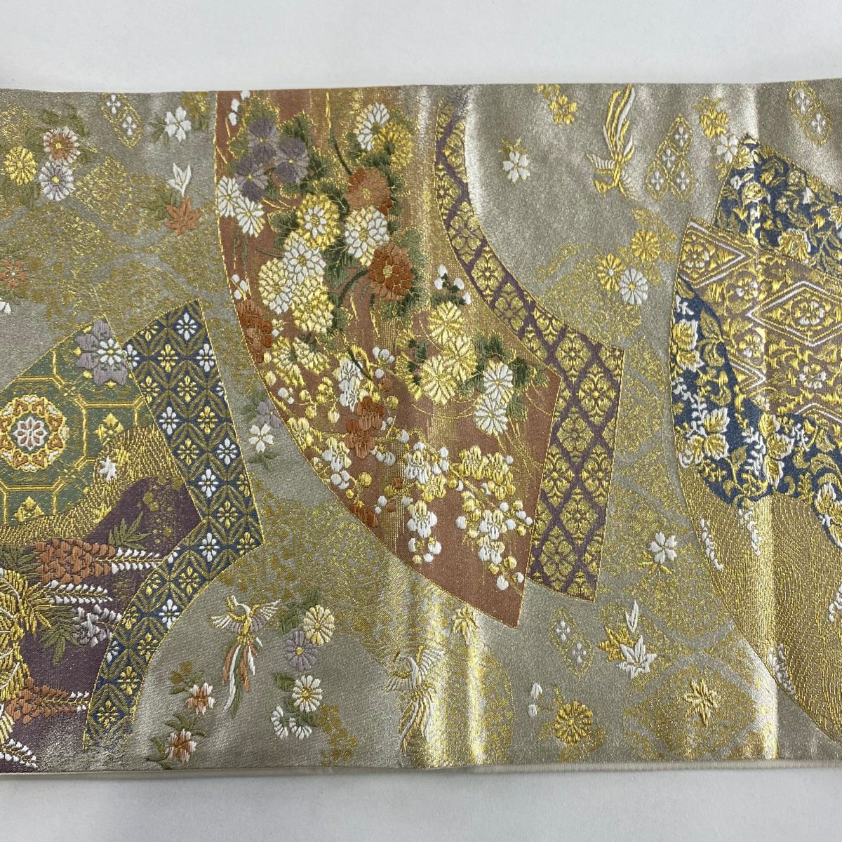 袋帶 秀品級 扇子面 菊花花 金金箔 金絲 金色 六通 純蠶絲