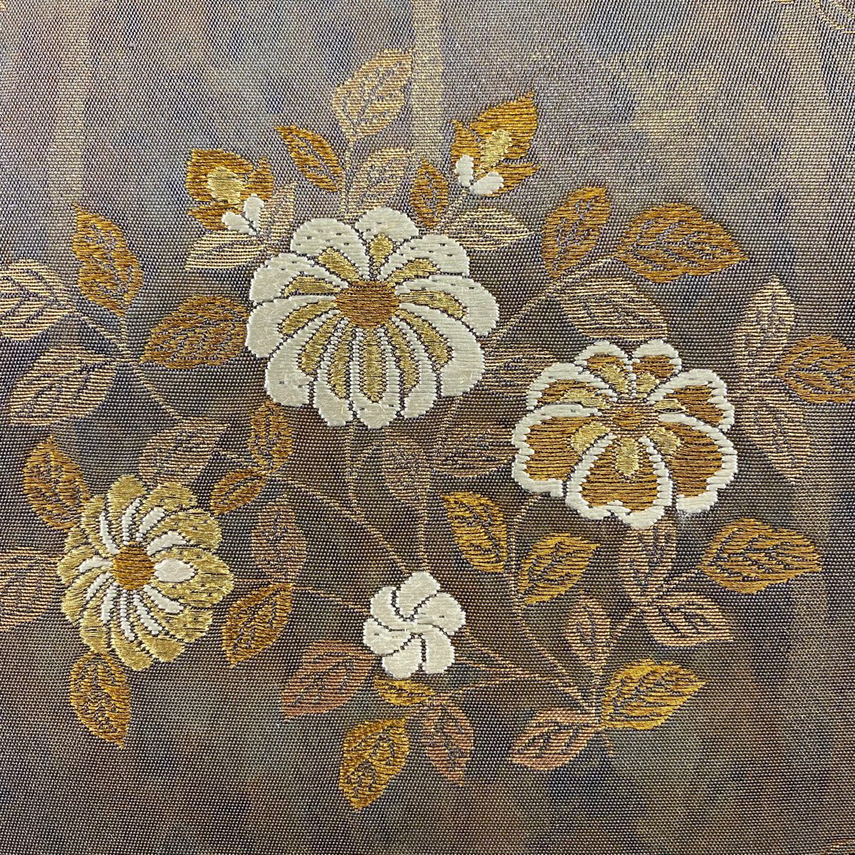 【美品】 袋帶 秀品級 證書齊全 草花紋紋 金絲刺繡 灰茶 六通 純蠶絲