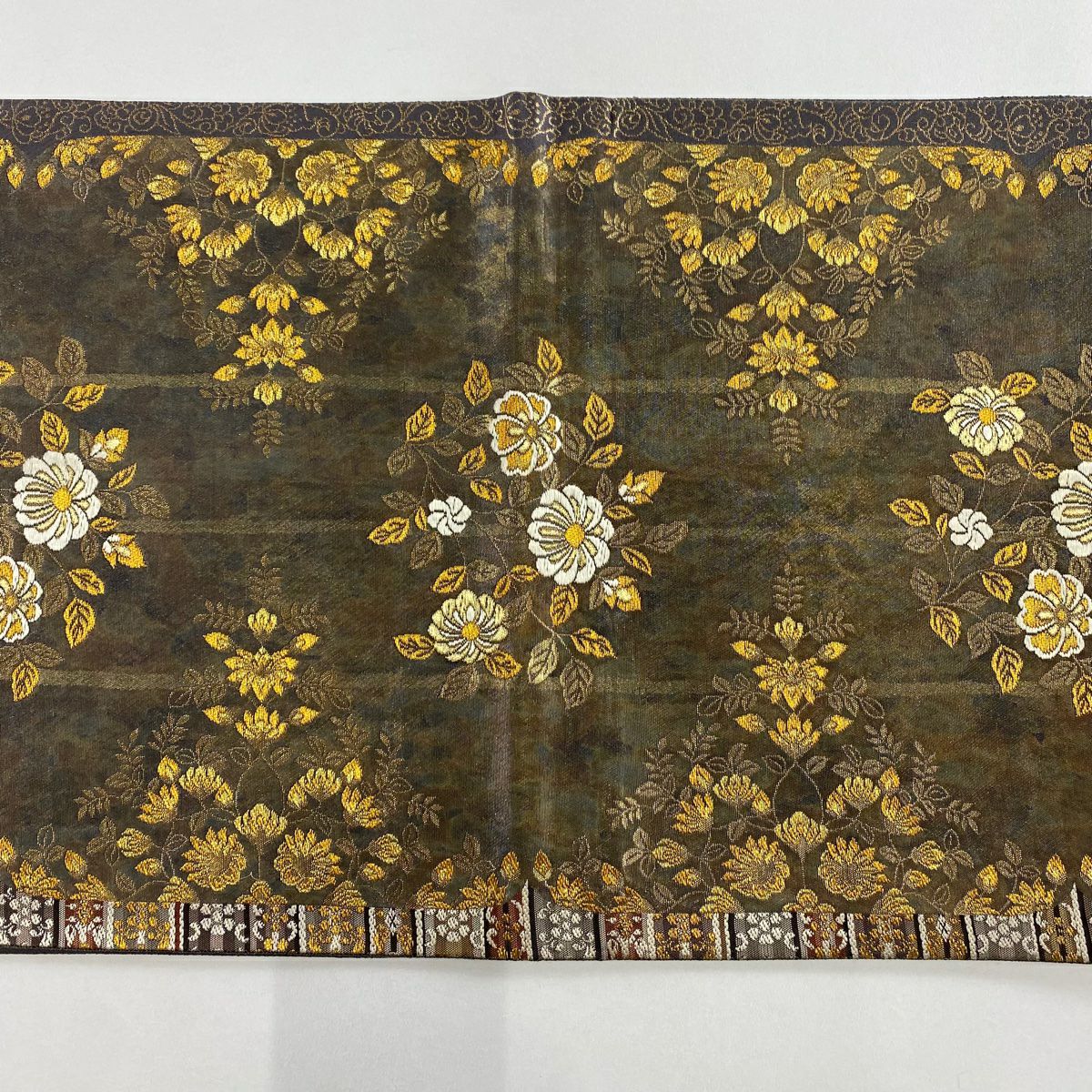 【美品】 袋帶 秀品級 證書齊全 草花紋紋 金絲刺繡 灰茶 六通 純蠶絲
