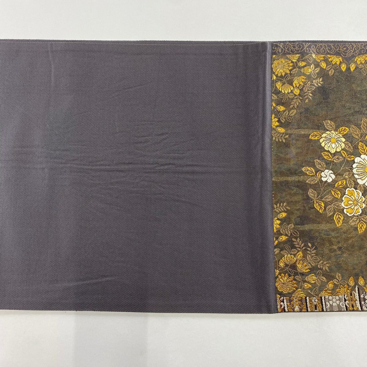 【美品】 袋帶 秀品級 證書齊全 草花紋紋 金絲刺繡 灰茶 六通 純蠶絲
