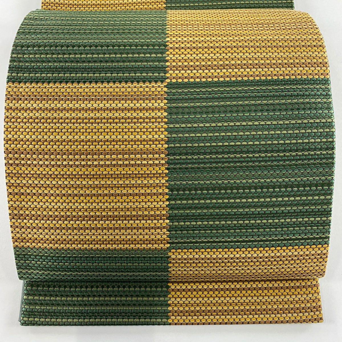 【美品】 袋帶 秀品級 市松樹 幾何圖案 刺繡 綠 六通 純蠶絲