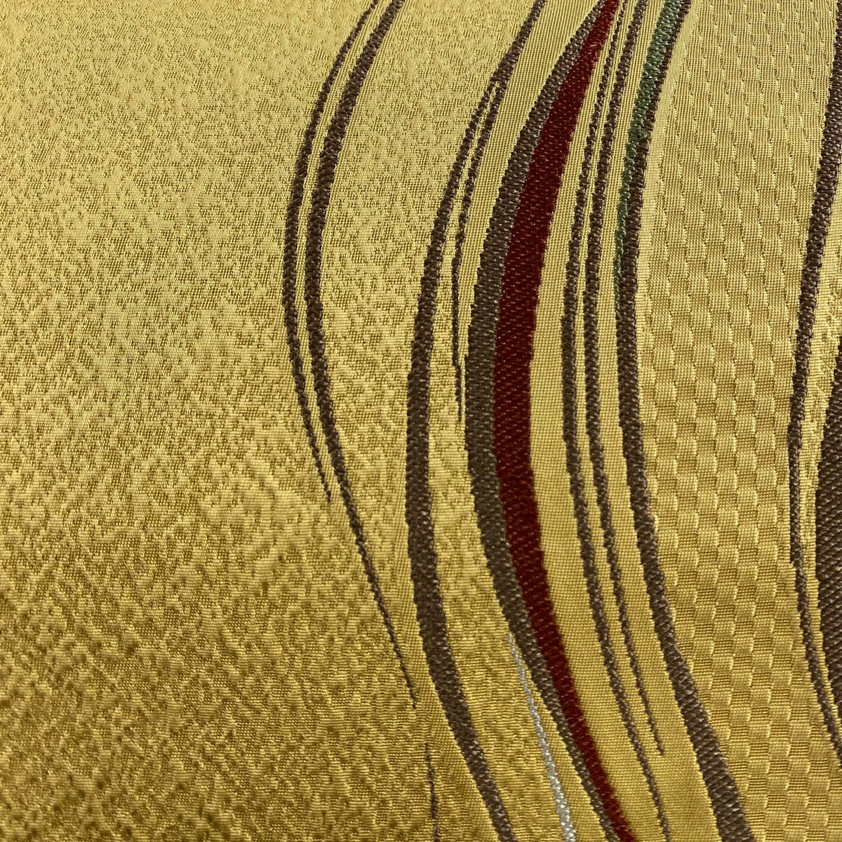 【美品】 袋帶 秀品級 よろけ縞 金糸 薄黃土 深藍 六通 純蠶絲