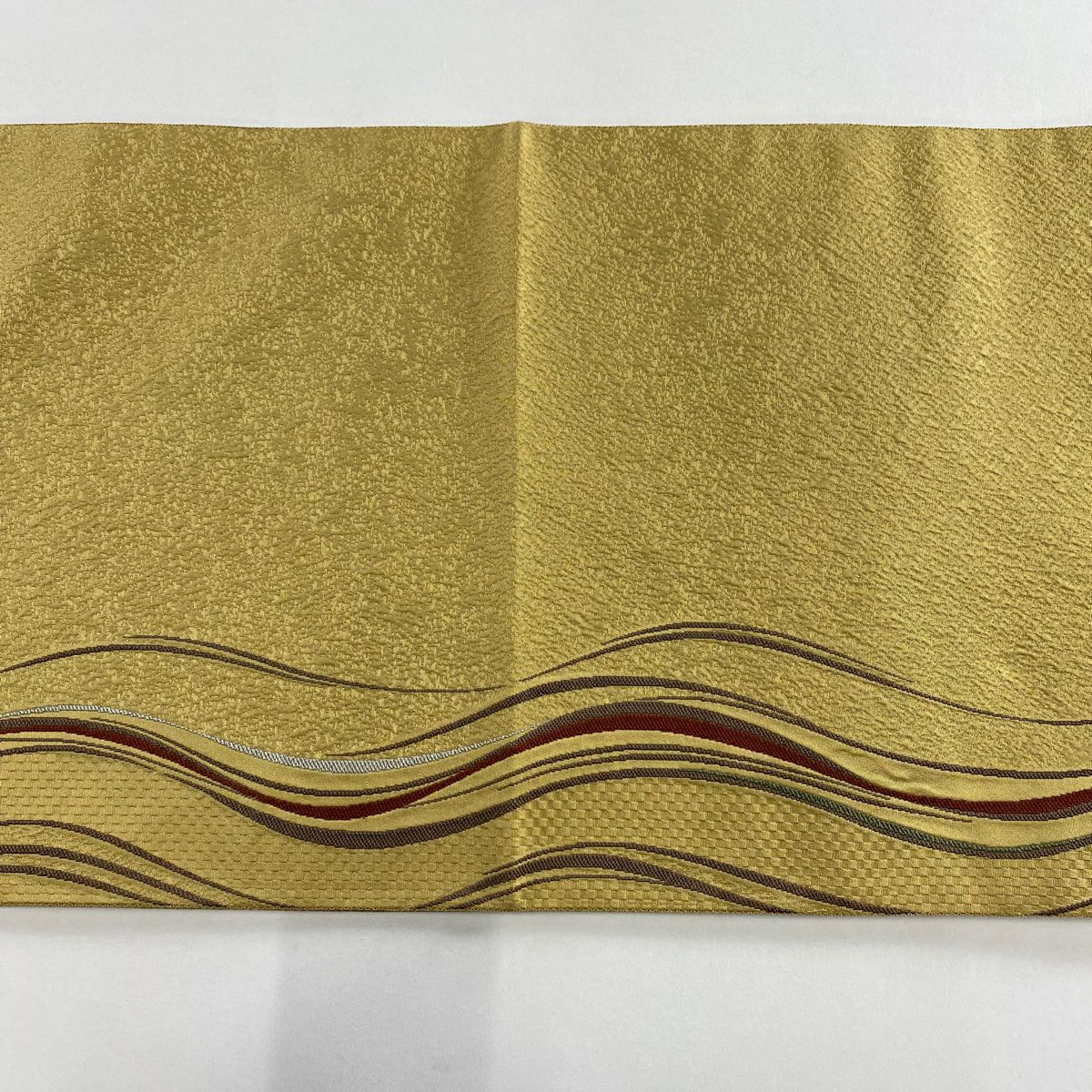 【美品】 袋帶 秀品級 よろけ縞 金糸 薄黃土 深藍 六通 純蠶絲