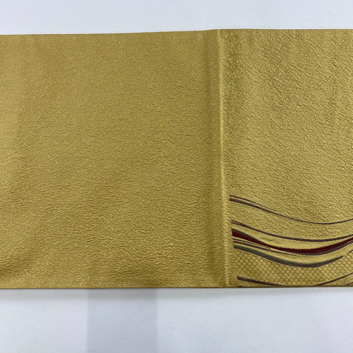 【美品】 袋帶 秀品級 よろけ縞 金糸 薄黃土 深藍 六通 純蠶絲