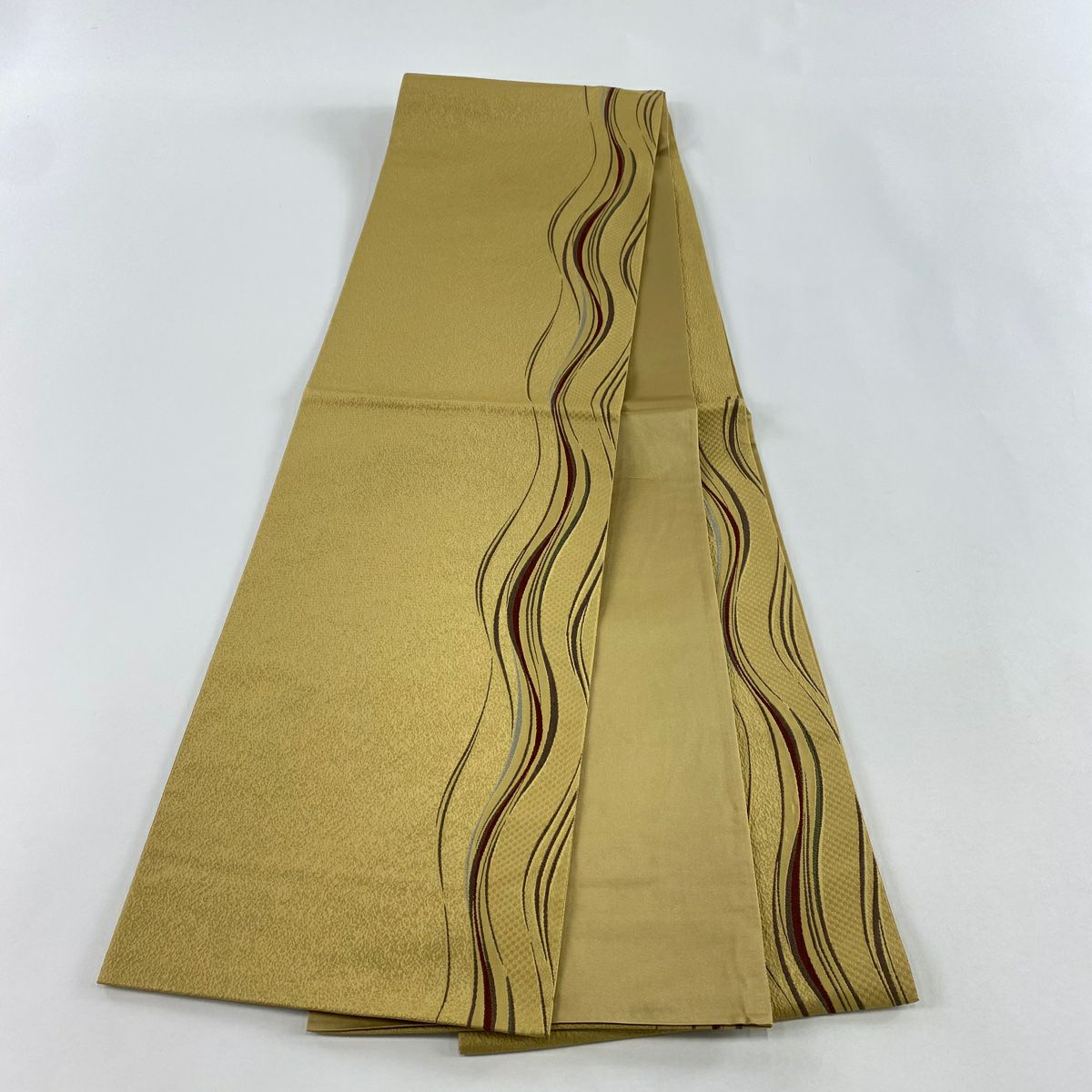 【美品】 袋帶 秀品級 よろけ縞 金糸 薄黃土 深藍 六通 純蠶絲