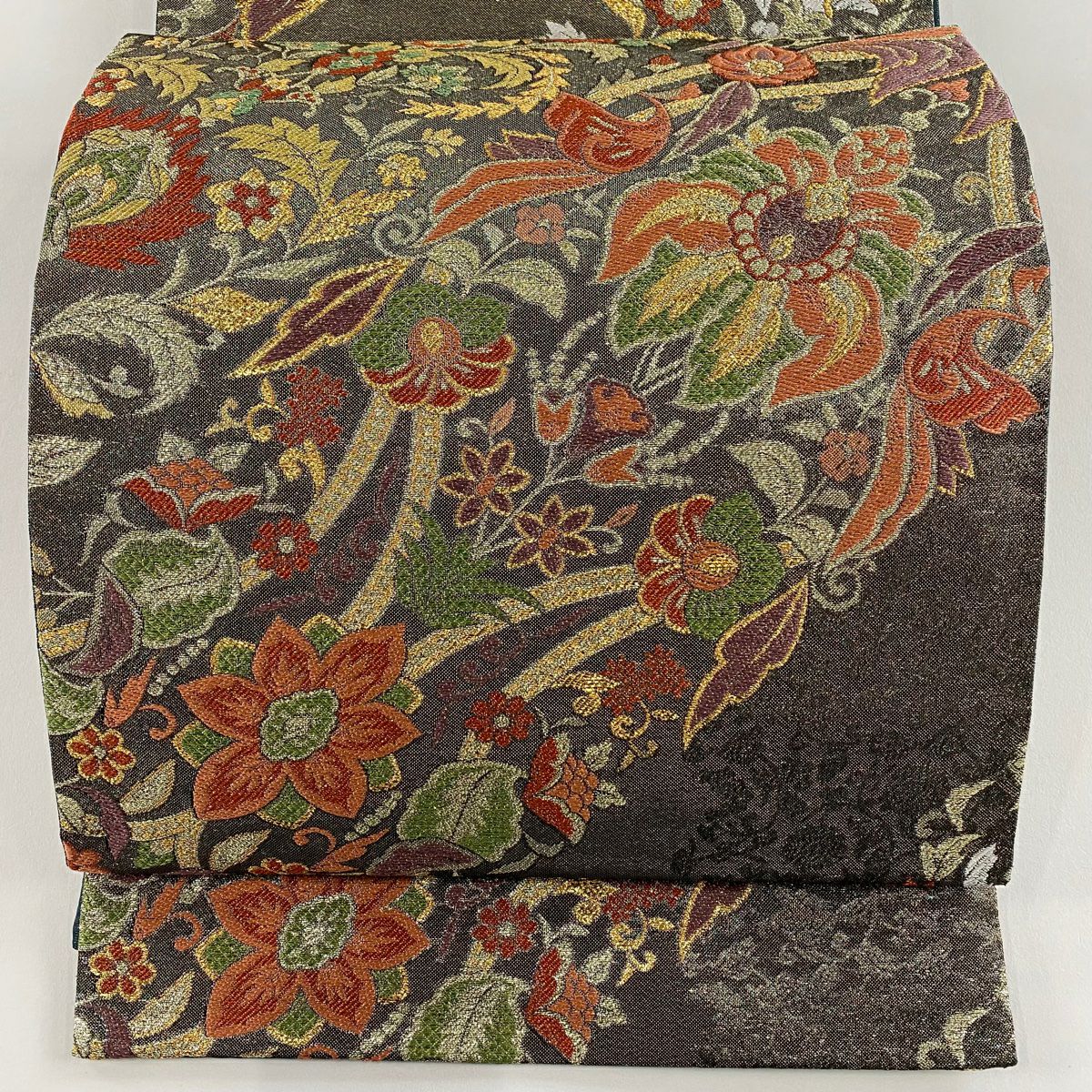 袋帶 優品級 草花紋刺繡 金金箔 黑灰 六通 純蠶絲