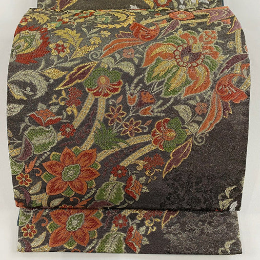 袋帶 優品級 草花紋刺繡 金金箔 黑灰 六通 純蠶絲