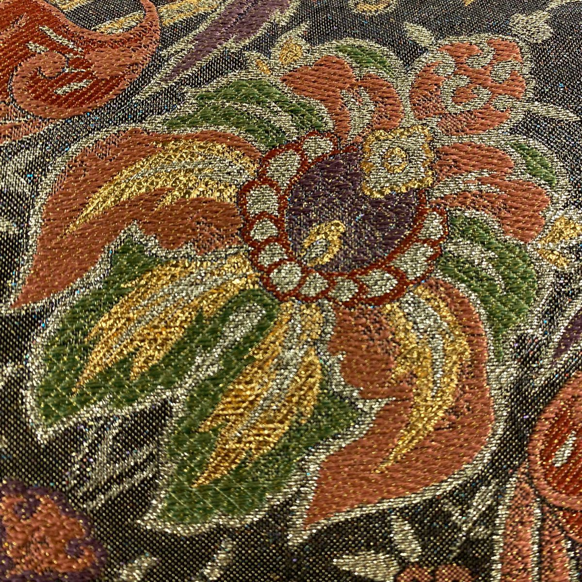 袋帶 優品級 草花紋刺繡 金金箔 黑灰 六通 純蠶絲