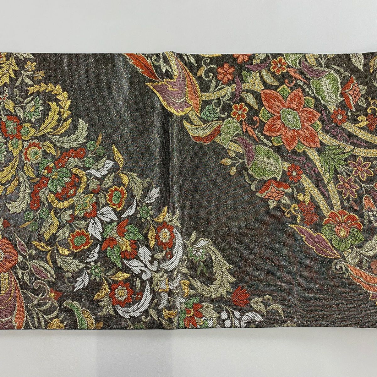 袋帶 優品級 草花紋刺繡 金金箔 黑灰 六通 純蠶絲