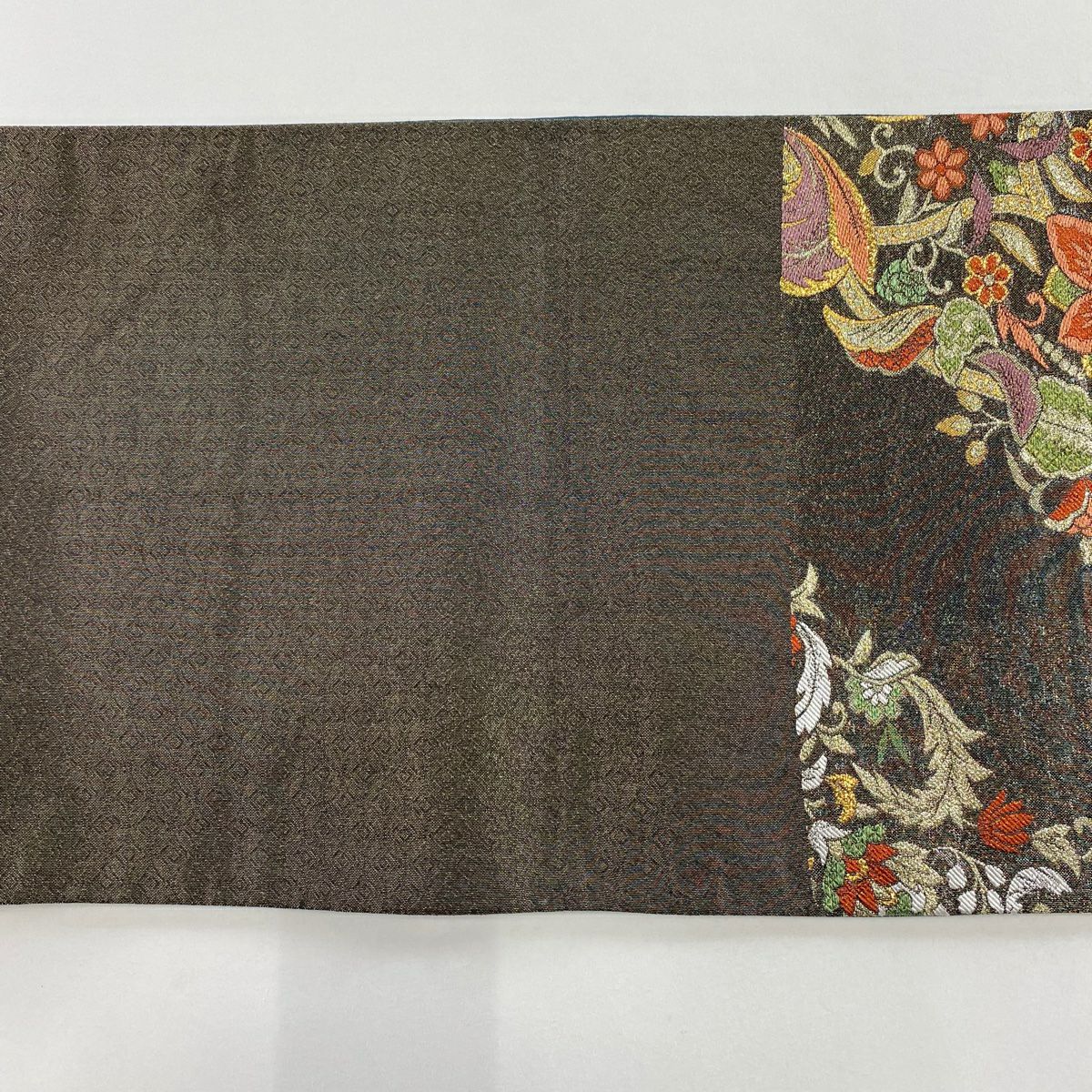 袋帶 優品級 草花紋刺繡 金金箔 黑灰 六通 純蠶絲