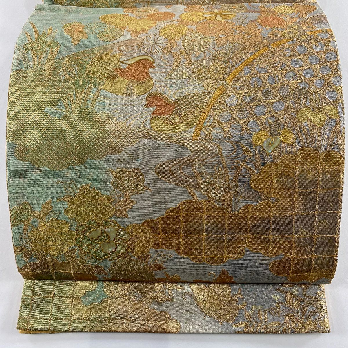袋帶 秀品級 花鳥 蝶 螺鈿 金金箔 銀 純蠶絲