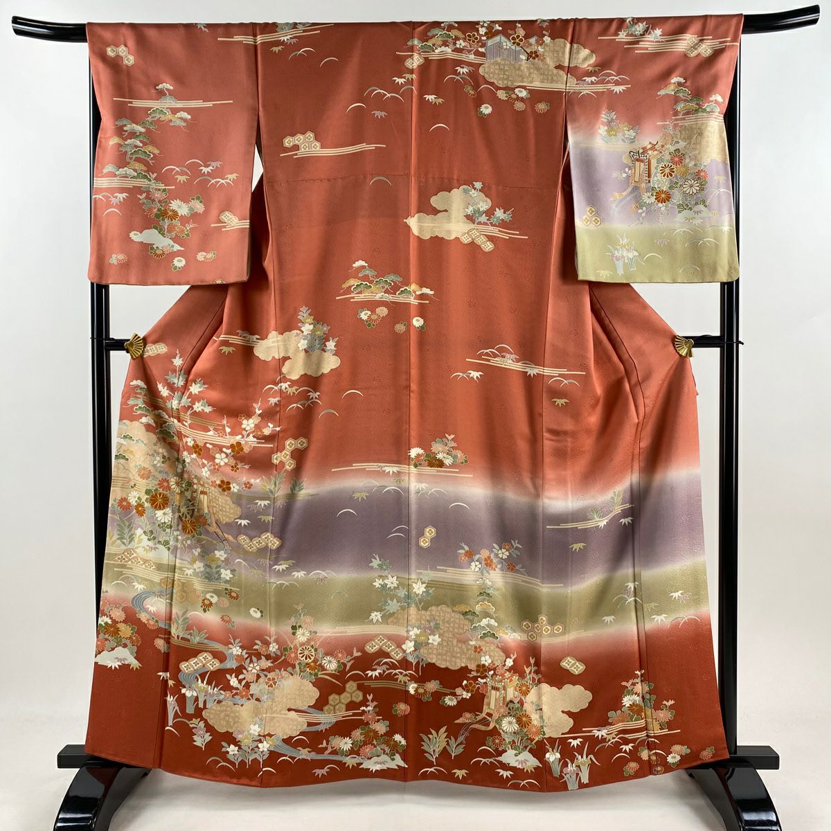 訪問服 身長163cm 袖長68.5cm L 雙層 御所車 松樹竹子梅花 金絲 金銀彩 鮭粉色 純蠶絲 名品級