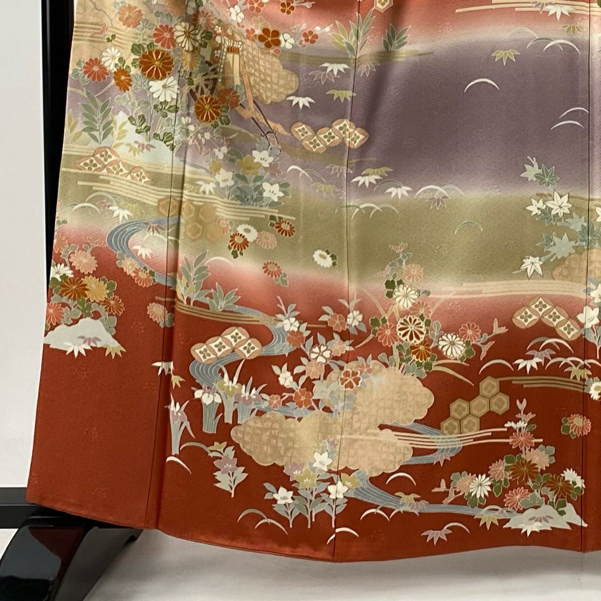 訪問服 身長163cm 袖長68.5cm L 雙層 御所車 松樹竹子梅花 金絲 金銀彩 鮭粉色 純蠶絲 名品級