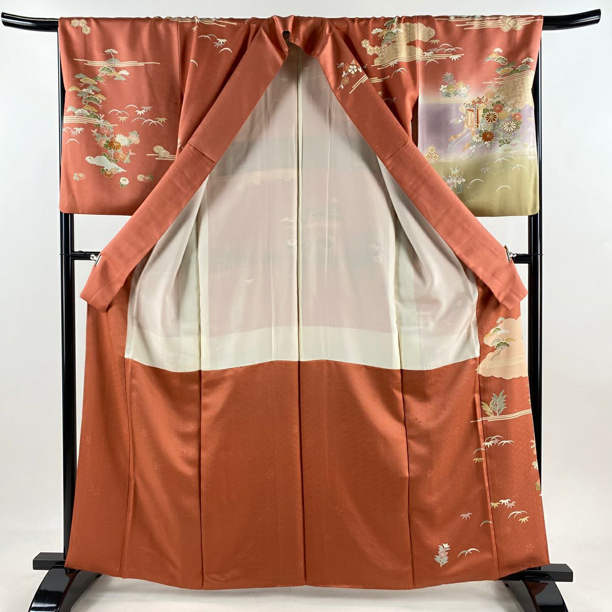 訪問服 身長163cm 袖長68.5cm L 雙層 御所車 松樹竹子梅花 金絲 金銀彩 鮭粉色 純蠶絲 名品級