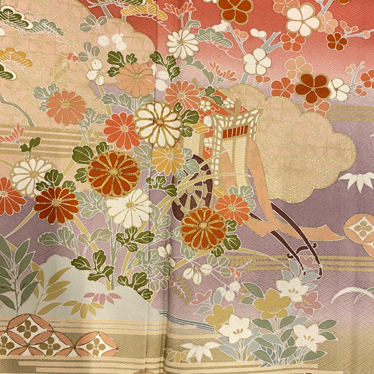 訪問服 身長163cm 袖長68.5cm L 雙層 御所車 松樹竹子梅花 金絲 金銀彩 鮭粉色 純蠶絲 名品級