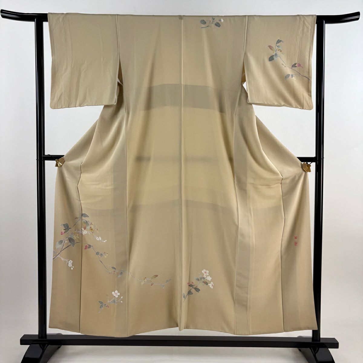 【美品】 付下 身長154cm 袖長61.5cm S 雙層 百貫達雄 落款あり 葉與果 草花紋紋 漸層 米色 純蠶絲 名品級 一個紋