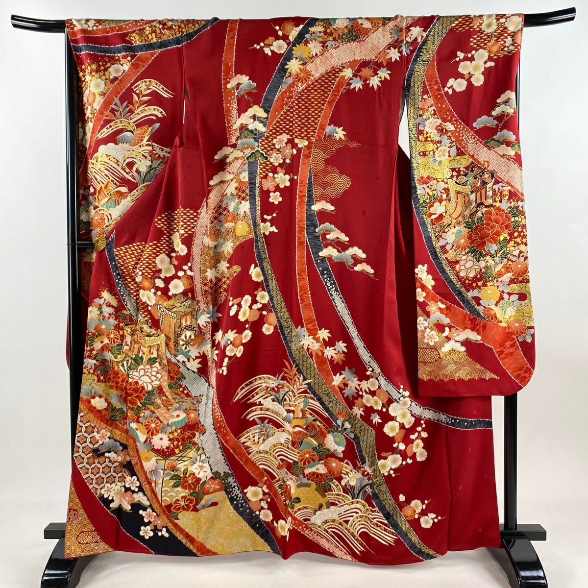 振袖禮服 身長162.5cm 袖長68cm L 雙層 御所車 草花紋紋 金絲 金銀彩 紅 純蠶絲 名品級