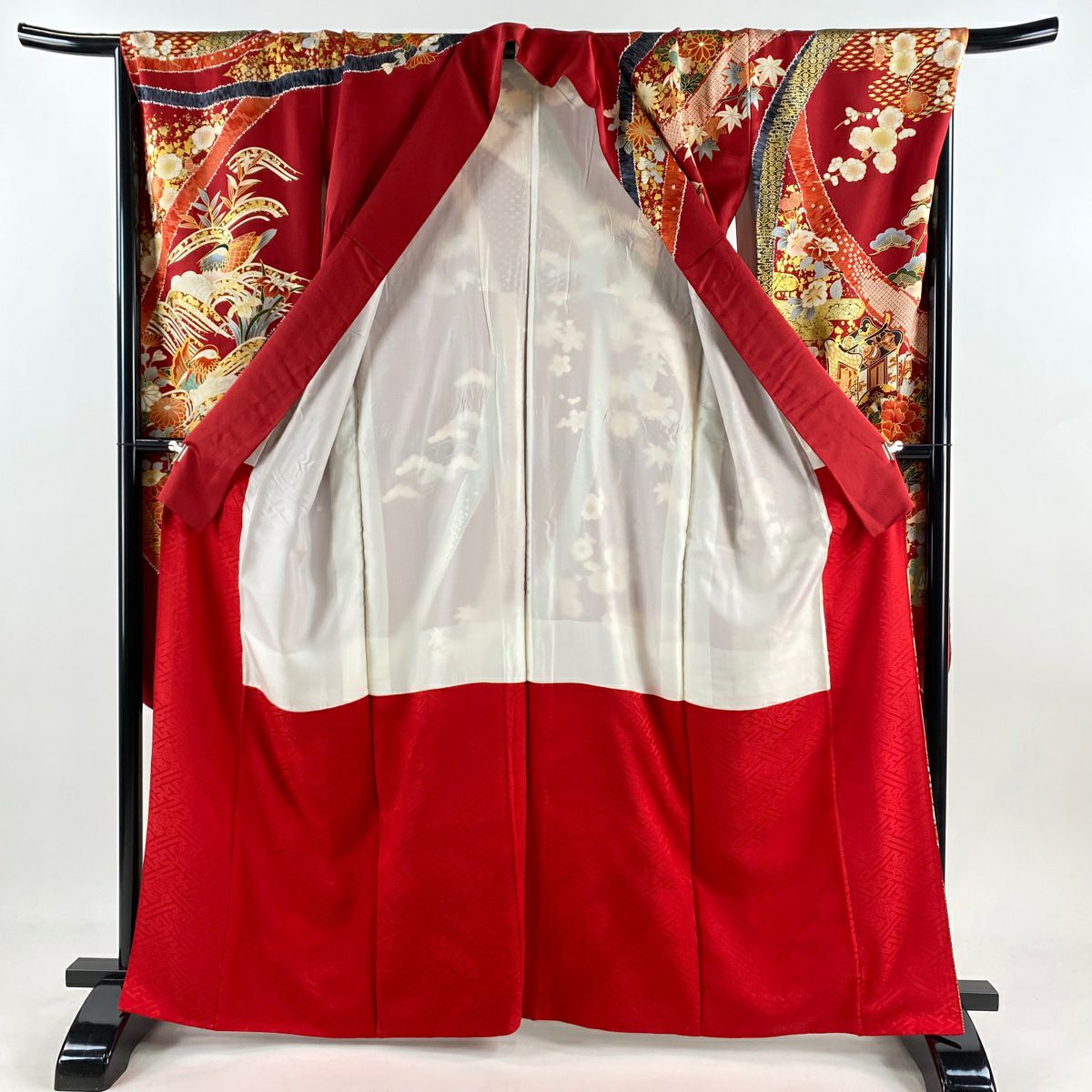 振袖禮服 身長162.5cm 袖長68cm L 雙層 御所車 草花紋紋 金絲 金銀彩 紅 純蠶絲 名品級