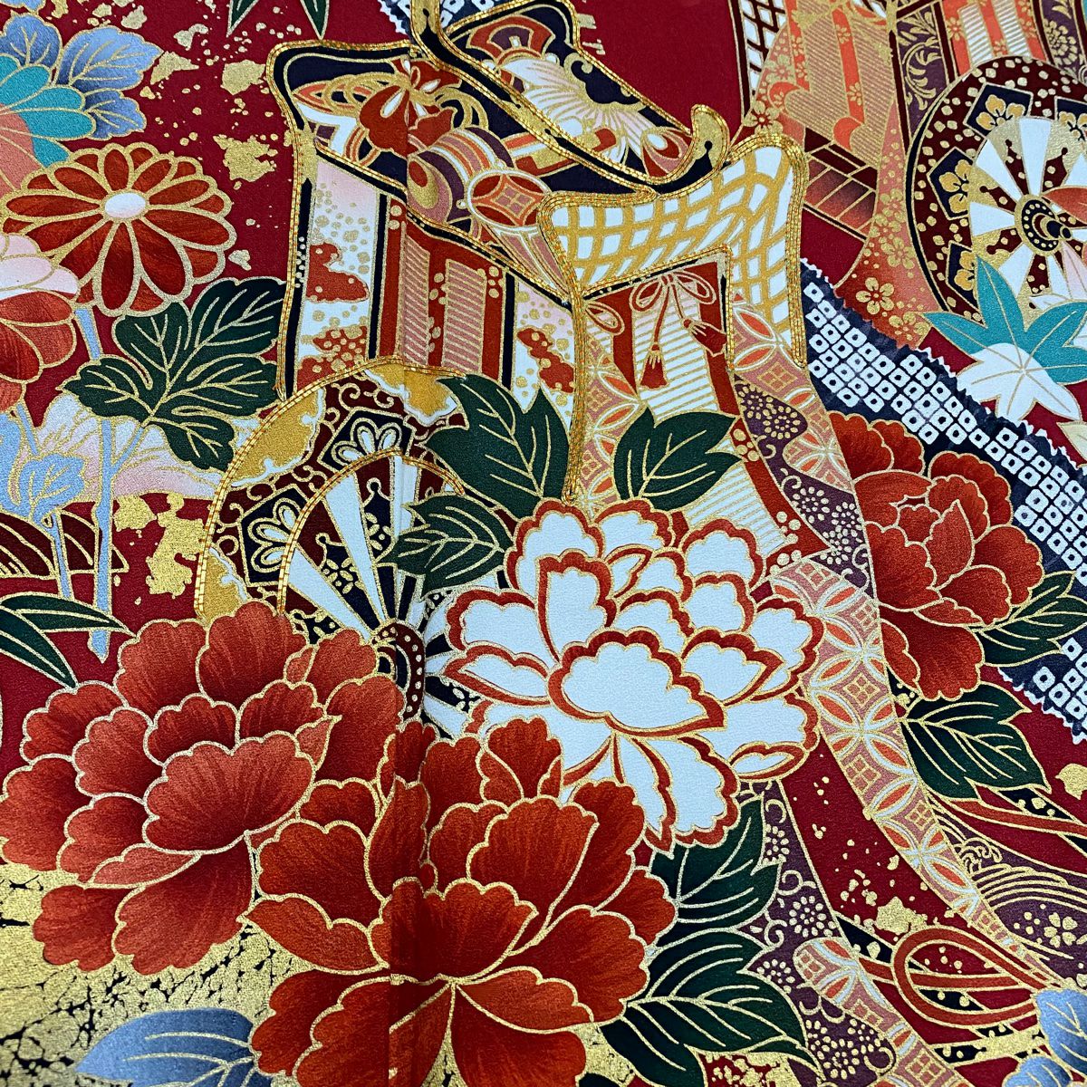 振袖禮服 身長162.5cm 袖長68cm L 雙層 御所車 草花紋紋 金絲 金銀彩 紅 純蠶絲 名品級